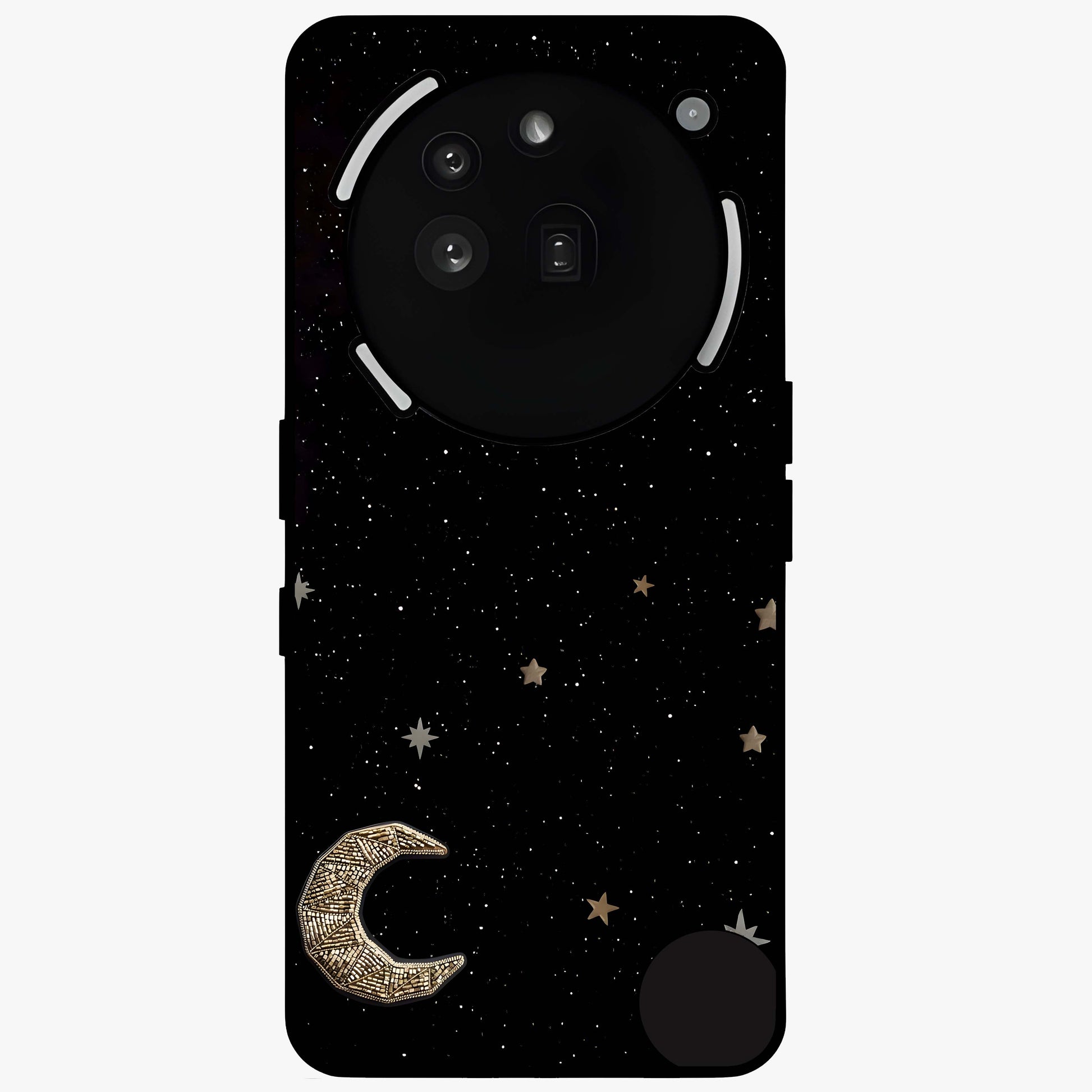 Twinkle Star With Half Moon Glass Case showing flat back view with star and half moon artwork and glossy glass finish.