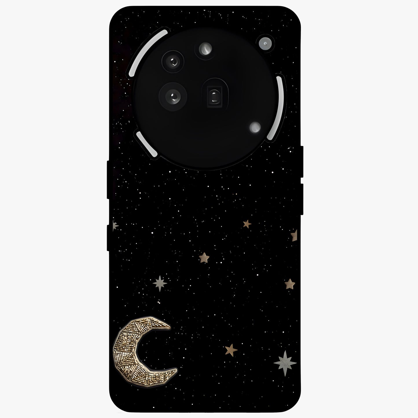 Twinkle Star With Half Moon Glass Case showing flat back view with star and half moon artwork and glossy glass finish.