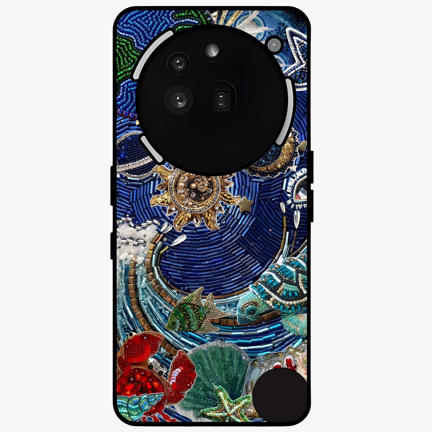 Universe Underwater Spark Glass Case showing flat back view with cosmic underwater themed artwork and glossy glass finish.