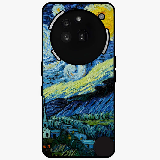 Van Gogh Art Glass Case showing flat back view with classic painterly artwork inspired by Van Gogh style and glossy glass finish.