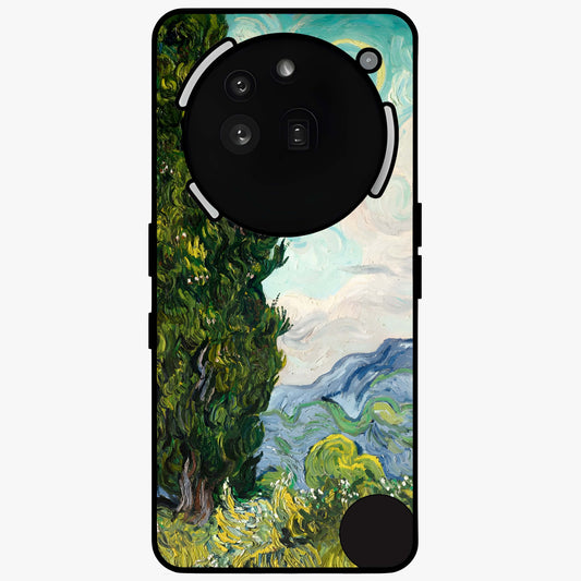 Van Gogh Vintage Art Glass Case showing flat back view with vintage painterly artwork inspired by Van Gogh style and glossy glass finish.