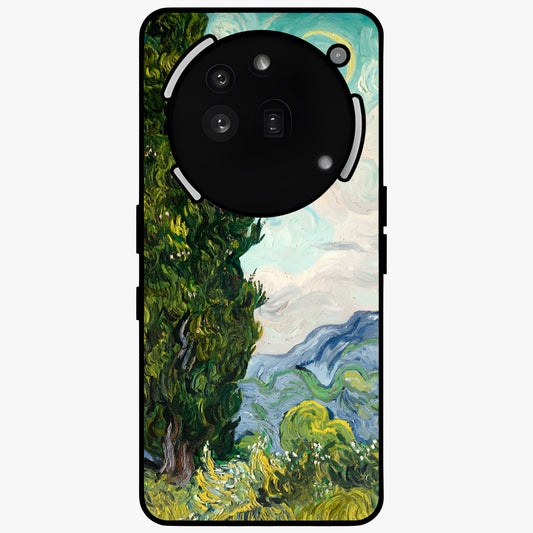 Van Gogh Vintage Art Glass Case showing flat back view with vintage painterly artwork inspired by Van Gogh style and glossy glass finish.