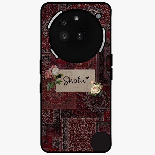 Velvet Wine Pattern Custom Name Glass Case showing flat back view with elegant wine colored pattern artwork and personalized name design.