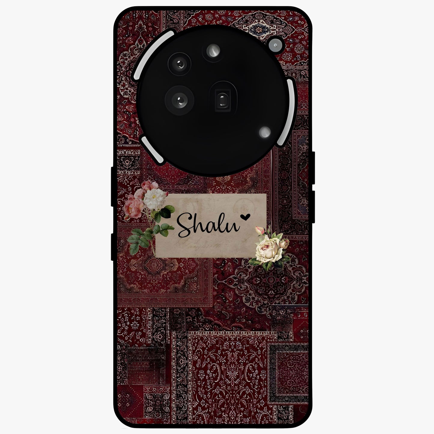Velvet Wine Pattern Custom Name Glass Case showing flat back view with elegant wine colored pattern artwork and personalized name design.