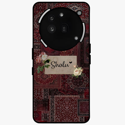 Velvet Wine Pattern Custom Name Glass Case showing flat back view with elegant wine colored pattern artwork and personalized name design.
