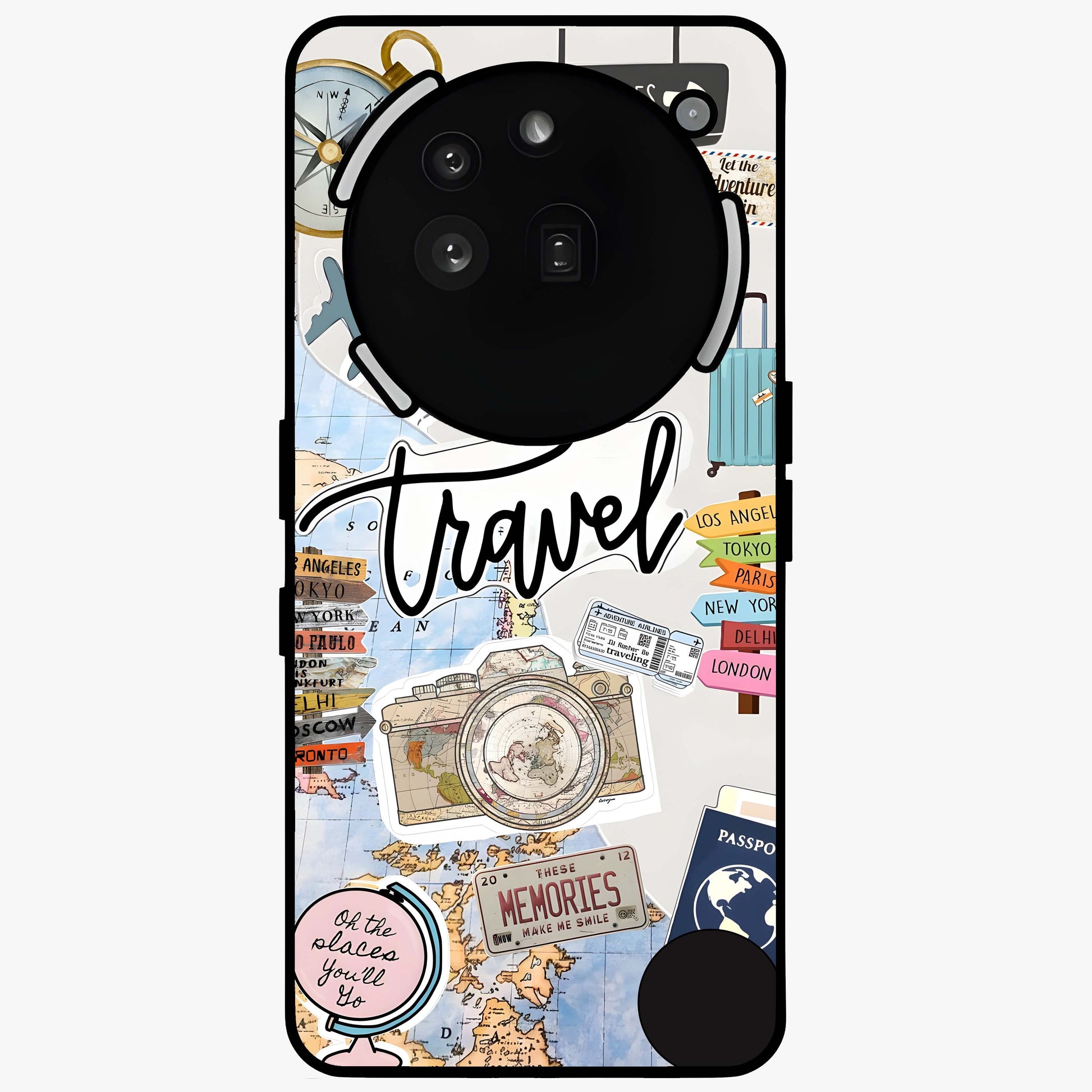 Wanderlust Journal Glass Case showing flat back view with travel inspired artwork and glossy glass finish.