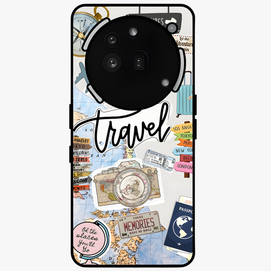 Wanderlust Journal Glass Case showing flat back view with travel inspired artwork and glossy glass finish.