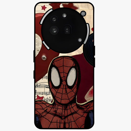 Web Warrior Vibes Glass Case showing flat back view with superhero inspired web themed artwork and glossy glass finish.