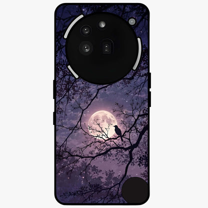 Whispering Moon Silence Glass Case showing flat back view with serene moon themed artwork and glossy glass finish.