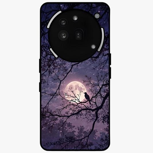Whispering Moon Silence Glass Case showing flat back view with serene moon themed artwork and glossy glass finish.