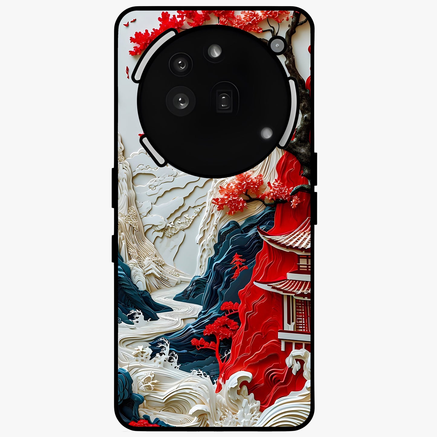 Whispers Of Sakura Waves Glass Case showing flat back view with cherry blossom wave artwork and glossy glass finish.