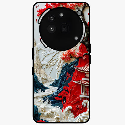 Whispers Of Sakura Waves Glass Case showing flat back view with cherry blossom wave artwork and glossy glass finish.