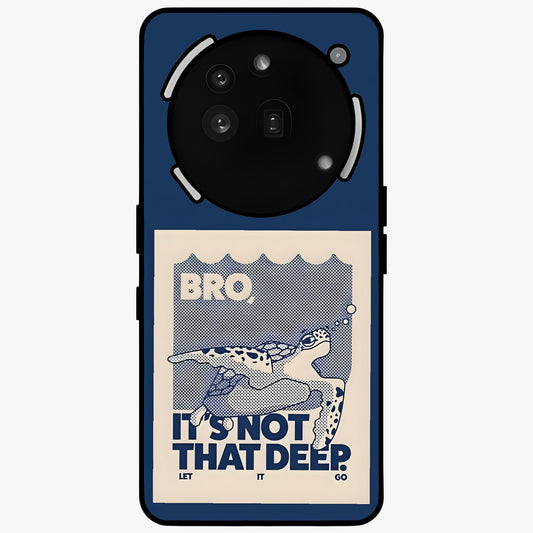 Worry Less Swim Glass Case showing flat back view with playful motivational artwork and glossy glass finish.
