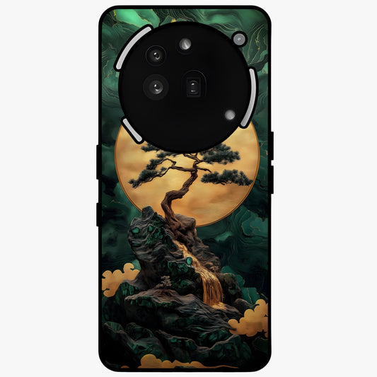 Zen Moon Rise Glass Case showing flat back view with calm moonrise artwork and glossy glass finish.