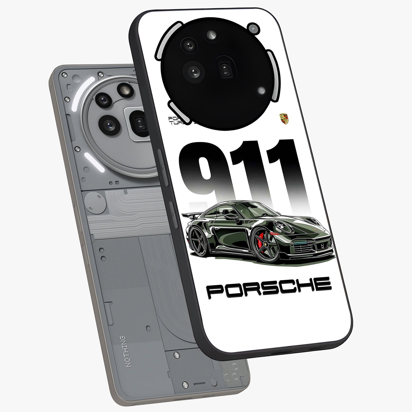 911 Turbo Dominance Glass Case displayed in premium angled mockup highlighting sporty car illustration and sleek glass surface.