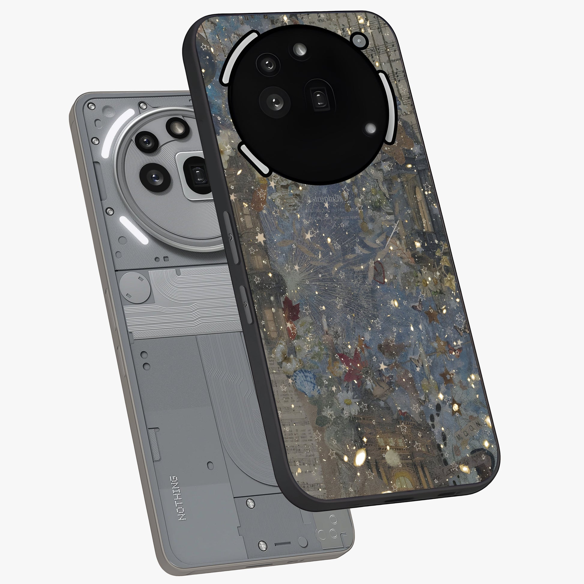 Aesthetic Astrolophia Glass Case displayed in angled mockup highlighting artistic aesthetic elements and smooth glass surface.