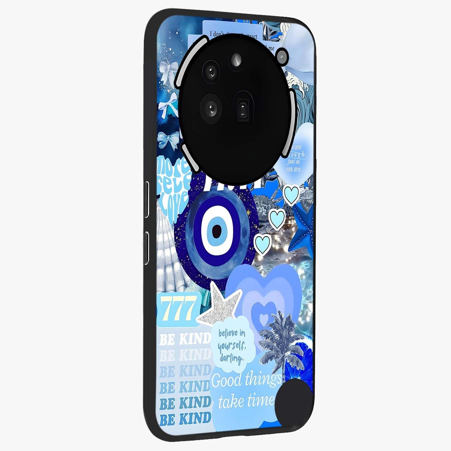 Aesthetic Be Kind Eye Glass Case upright view showcasing stylish eye illustration with positive message theme.
