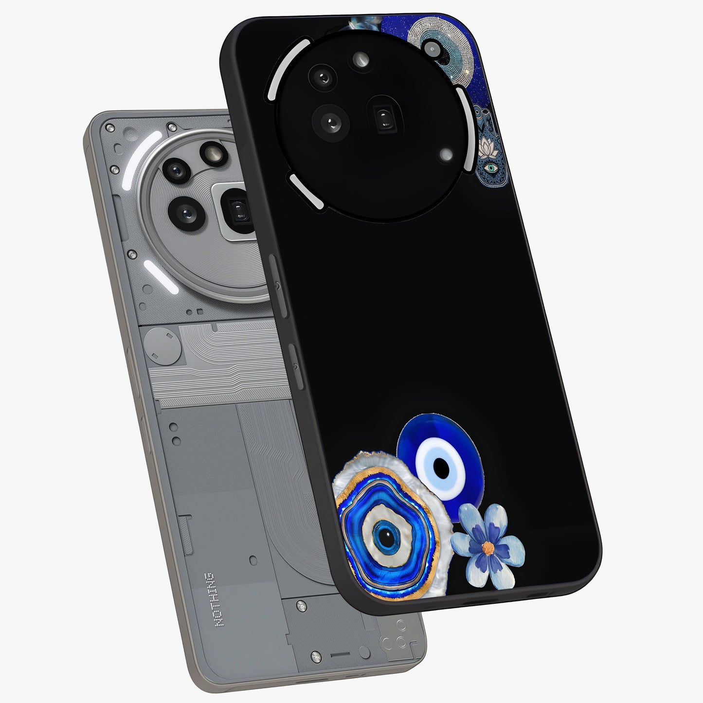 Aesthetic Blue Evil Eye Glass Case displayed in angled mockup highlighting blue evil eye symbol and spiritual aesthetic design.