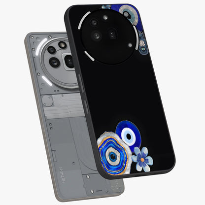 Aesthetic Blue Evil Eye Glass Case displayed in angled mockup highlighting blue evil eye symbol and spiritual aesthetic design.