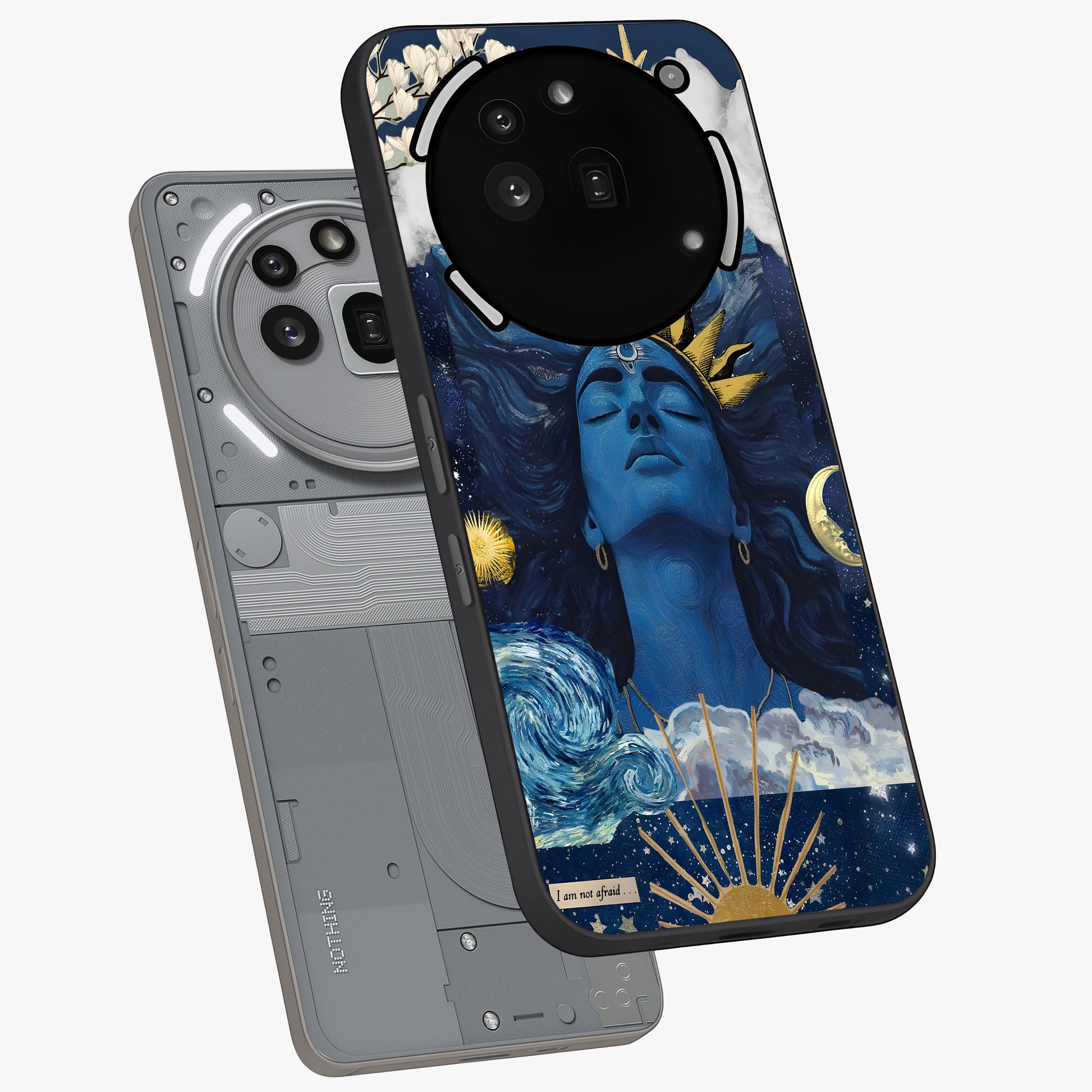 Aesthetic Lord Shiva Glass Case displayed in angled mockup highlighting spiritual Shiva illustration and sacred aesthetic design.