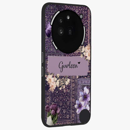 Antique Floral Whisper Custom Name Glass Case upright view showcasing delicate floral artwork with custom name feature.