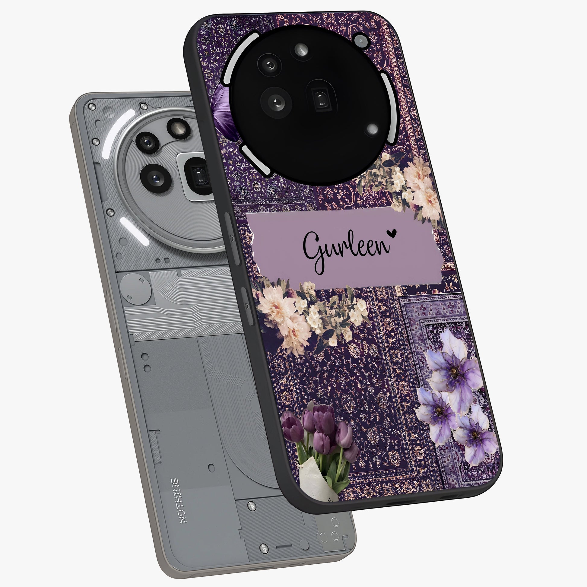 Antique Floral Whisper Custom Name Glass Case displayed in angled mockup highlighting elegant antique floral aesthetic.