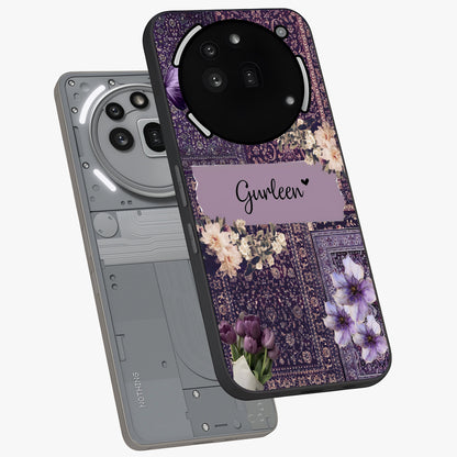 Antique Floral Whisper Custom Name Glass Case displayed in angled mockup highlighting elegant antique floral aesthetic.