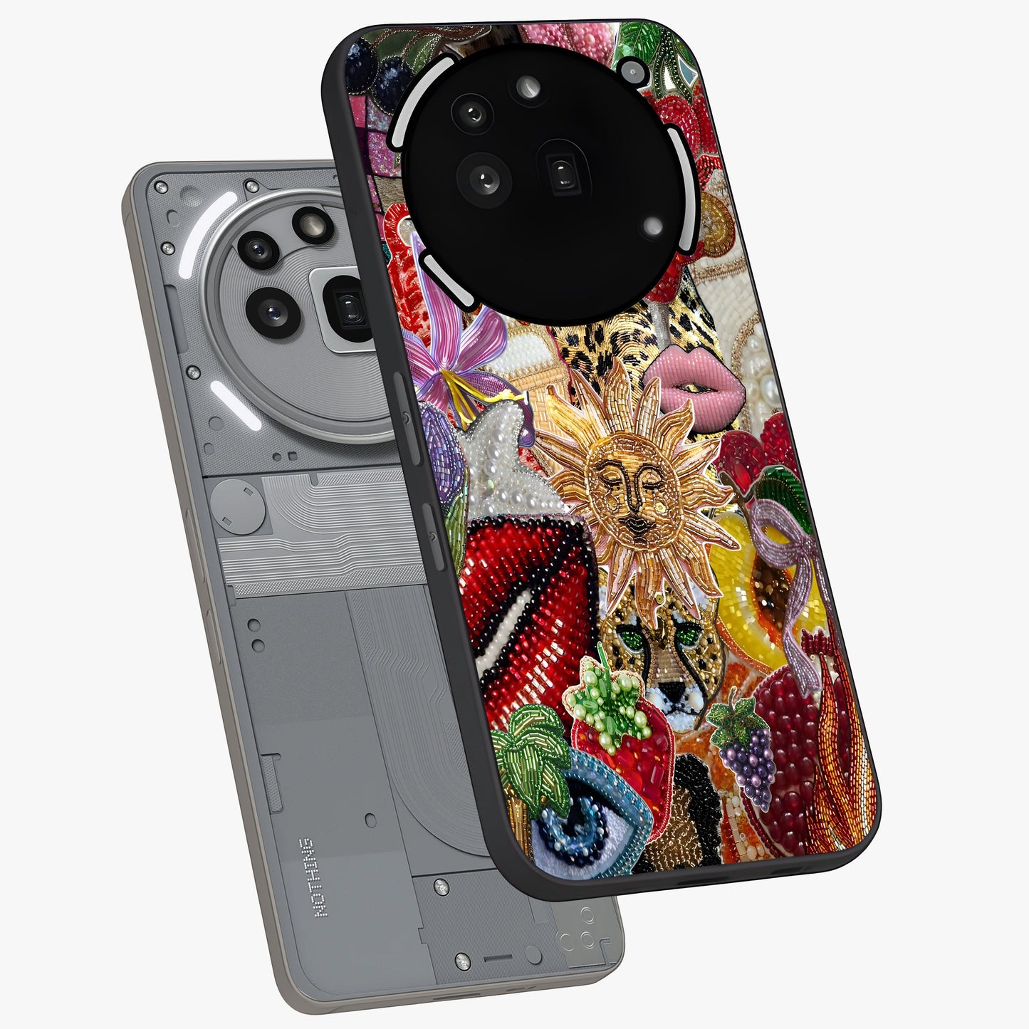 Beaded Fashion Jungle Glass Case displayed in angled mockup highlighting colorful fashion bead design and artistic pattern.