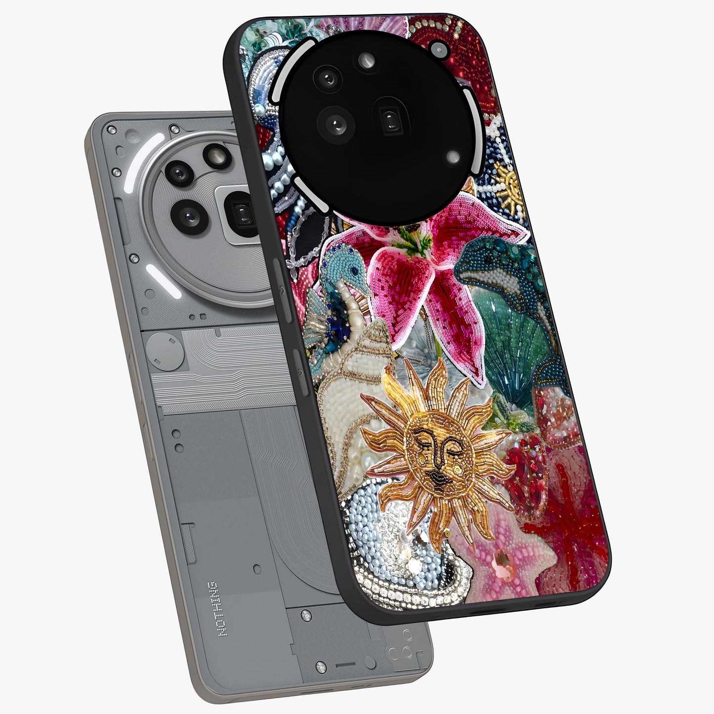 Beaded Garden Fantasy Glass Case displayed in angled mockup highlighting fantasy inspired floral bead pattern.