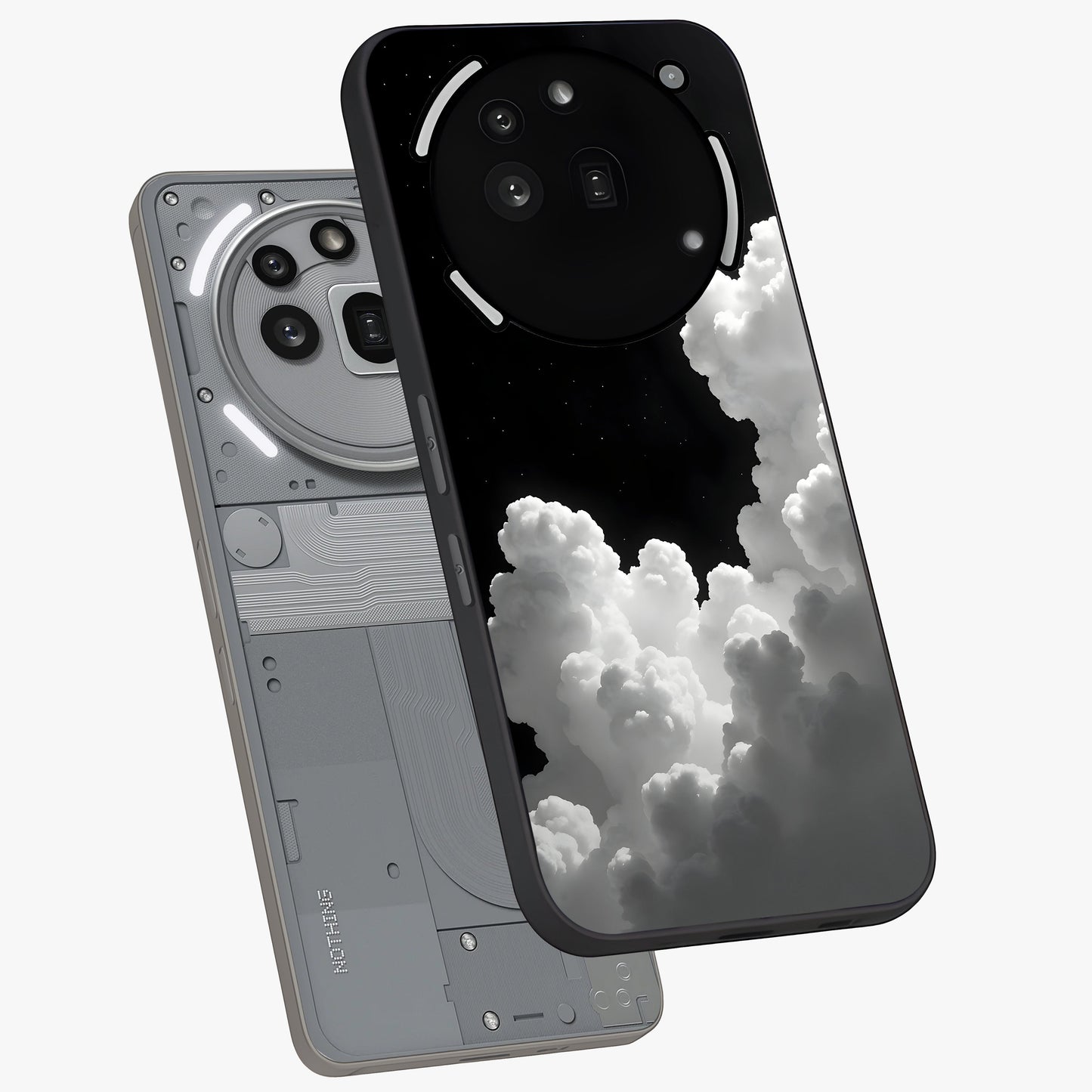 Black Background With White Cloud Glass Case displayed in angled mockup highlighting soft white cloud illustration and minimal design.