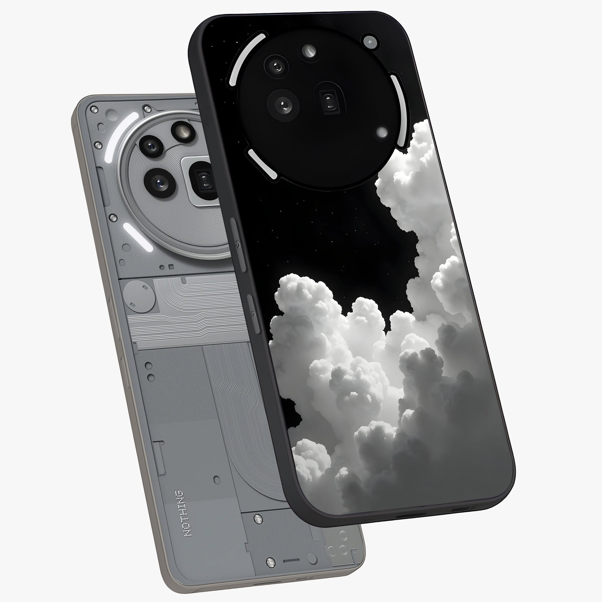 Black Background With White Cloud Glass Case displayed in angled mockup highlighting soft white cloud illustration and minimal design.