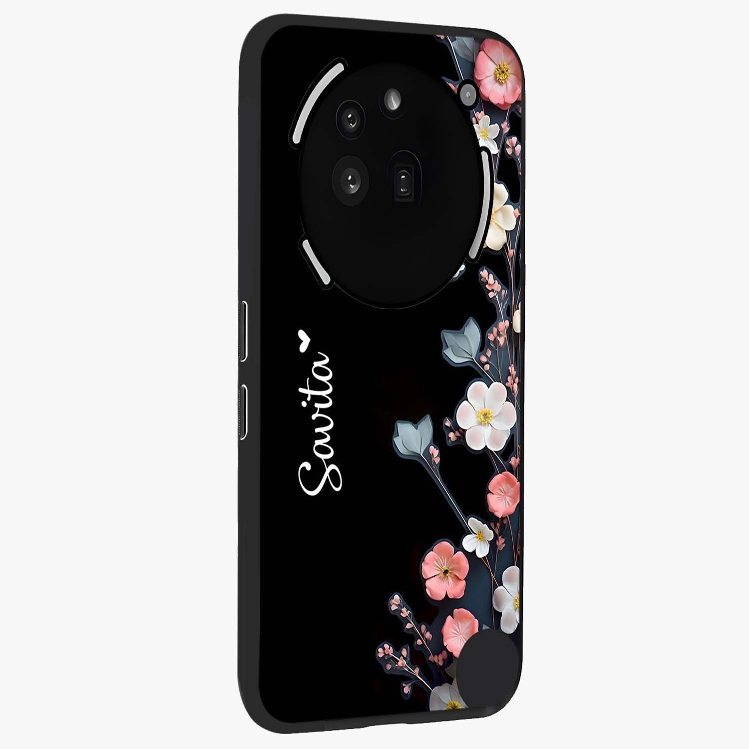 Black Elegance Floral Custom Name Glass Case upright view showcasing luxurious black floral design with personalized name detail.