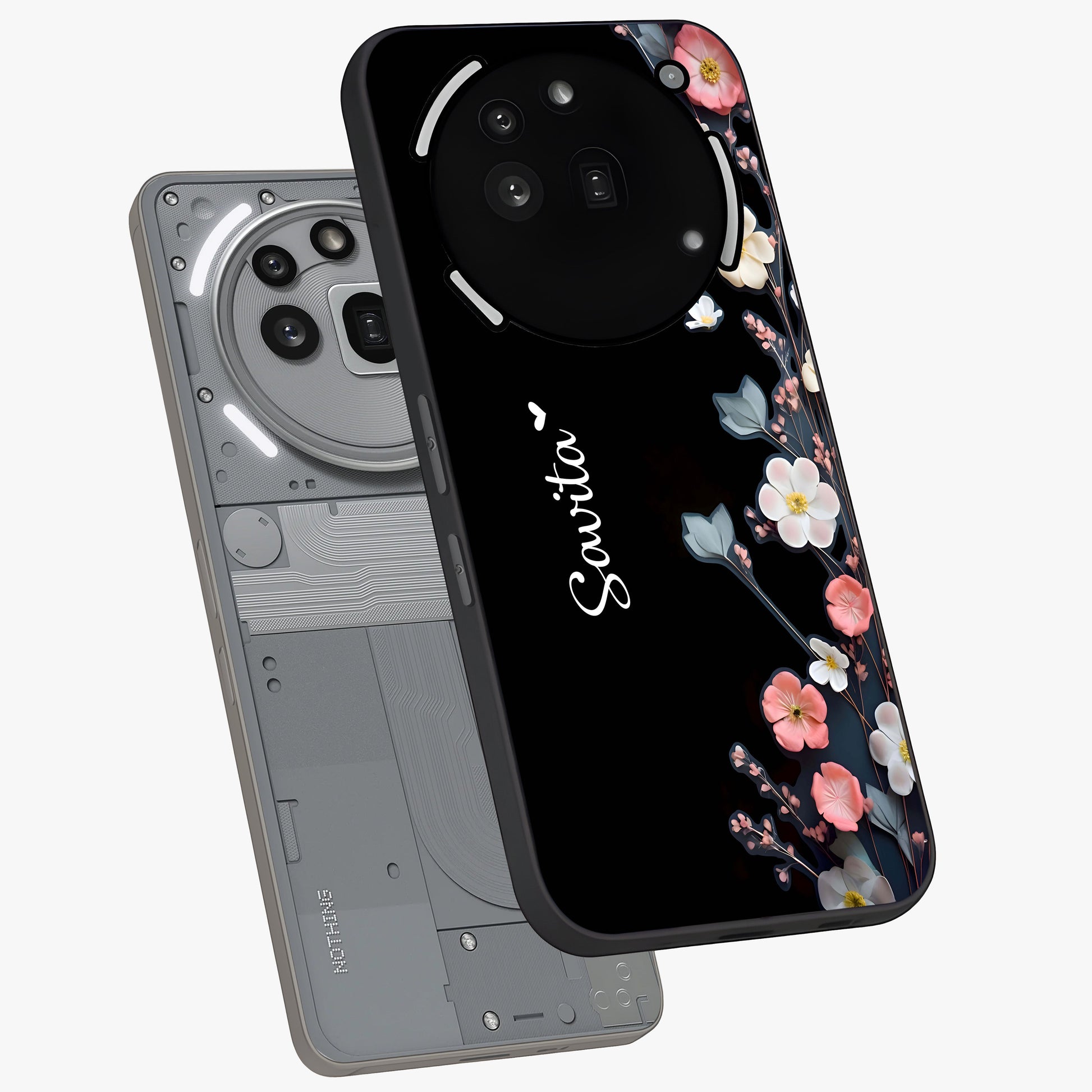 Black Elegance Floral Custom Name Glass Case displayed in angled mockup highlighting dark floral aesthetic and custom name feature.