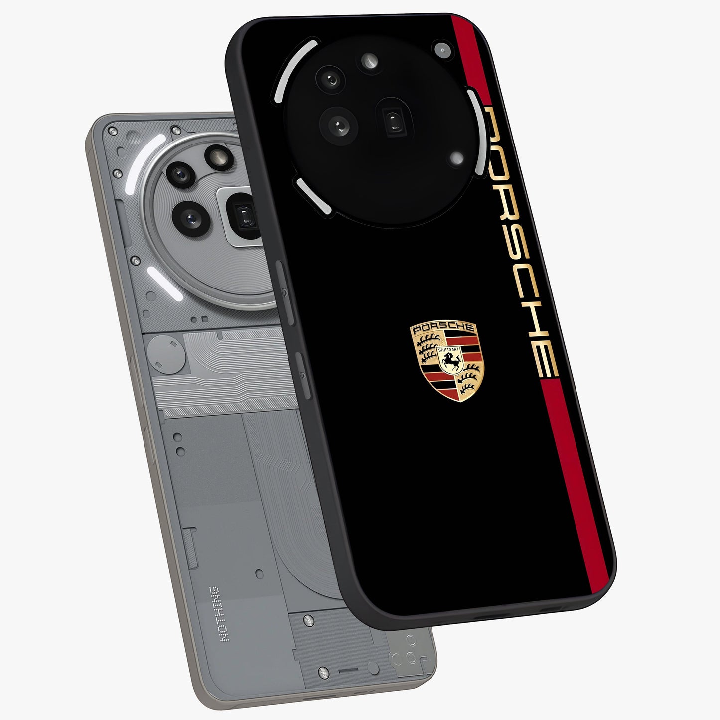 Black Minimal Porsche Glass Case displayed in angled mockup highlighting modern minimal car illustration and clean aesthetic design.