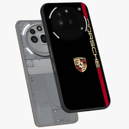 Black Minimal Porsche Glass Case displayed in angled mockup highlighting modern minimal car illustration and clean aesthetic design.
