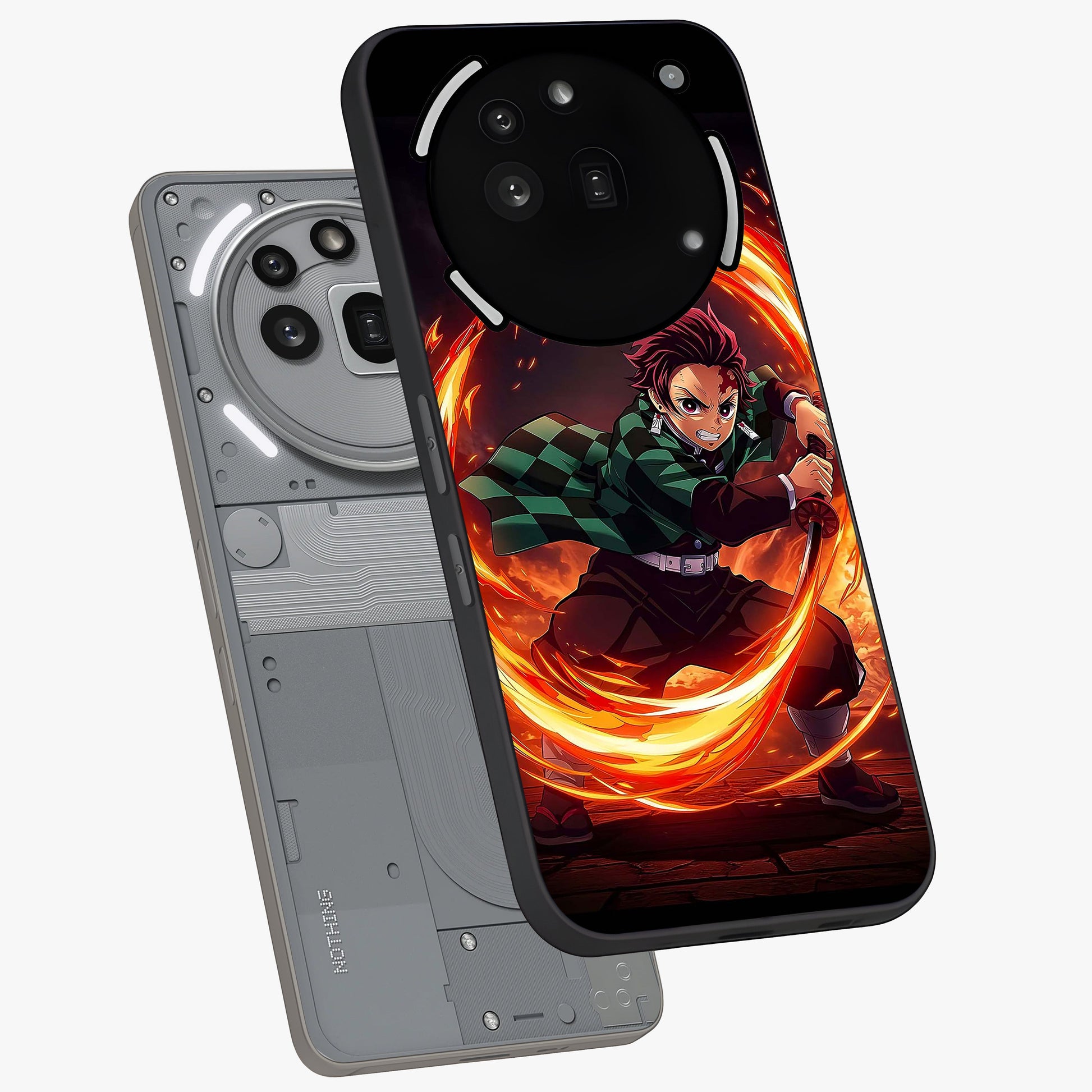 Blazing Sword Resolve Glass Case displayed in angled mockup highlighting powerful sword illustration and bold fantasy theme.