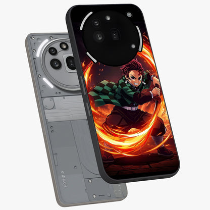 Blazing Sword Resolve Glass Case displayed in angled mockup highlighting powerful sword illustration and bold fantasy theme.