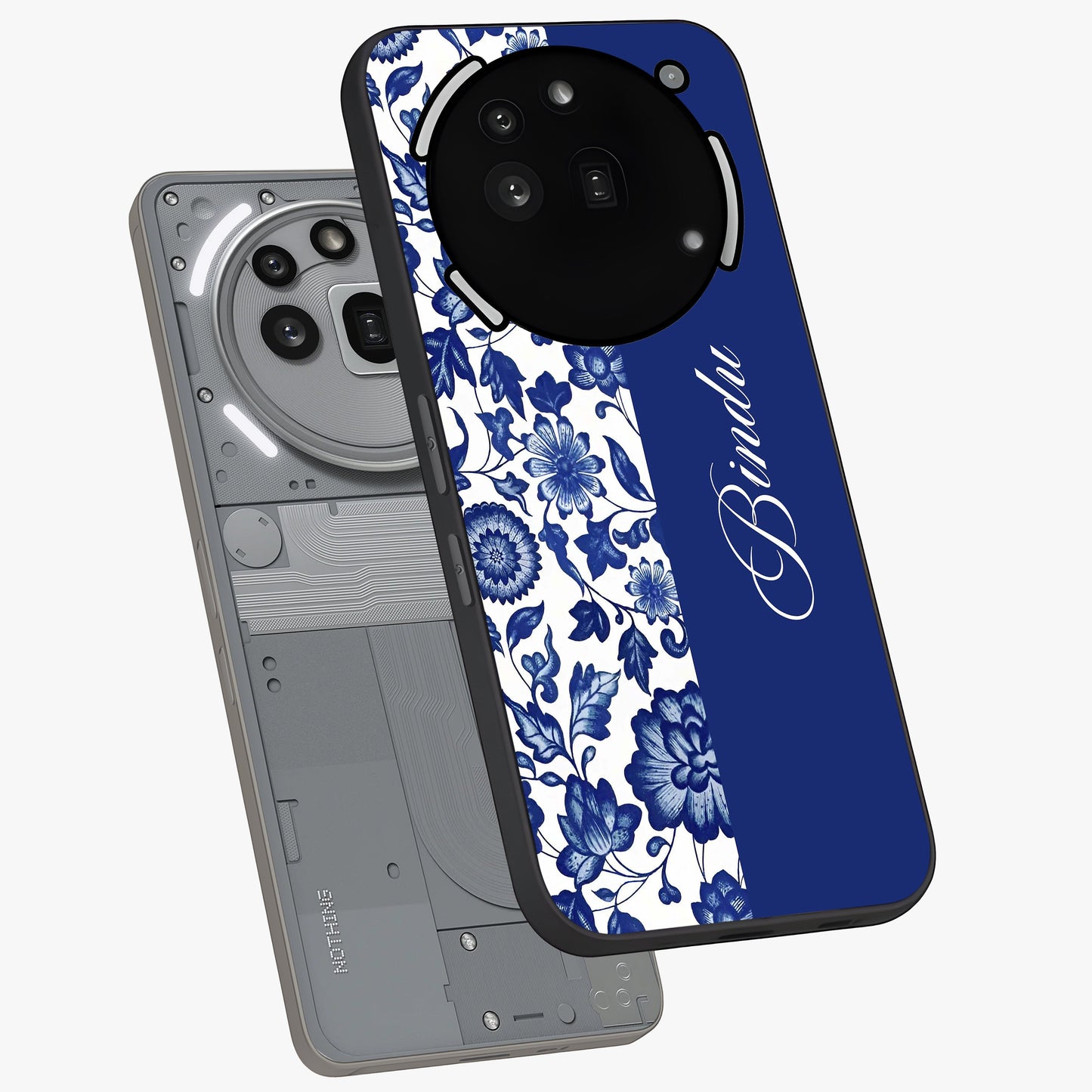 Blue Vintage Floral Pattern Glass Case displayed in angled mockup highlighting subtle bloom pattern with aesthetic pastel design.
