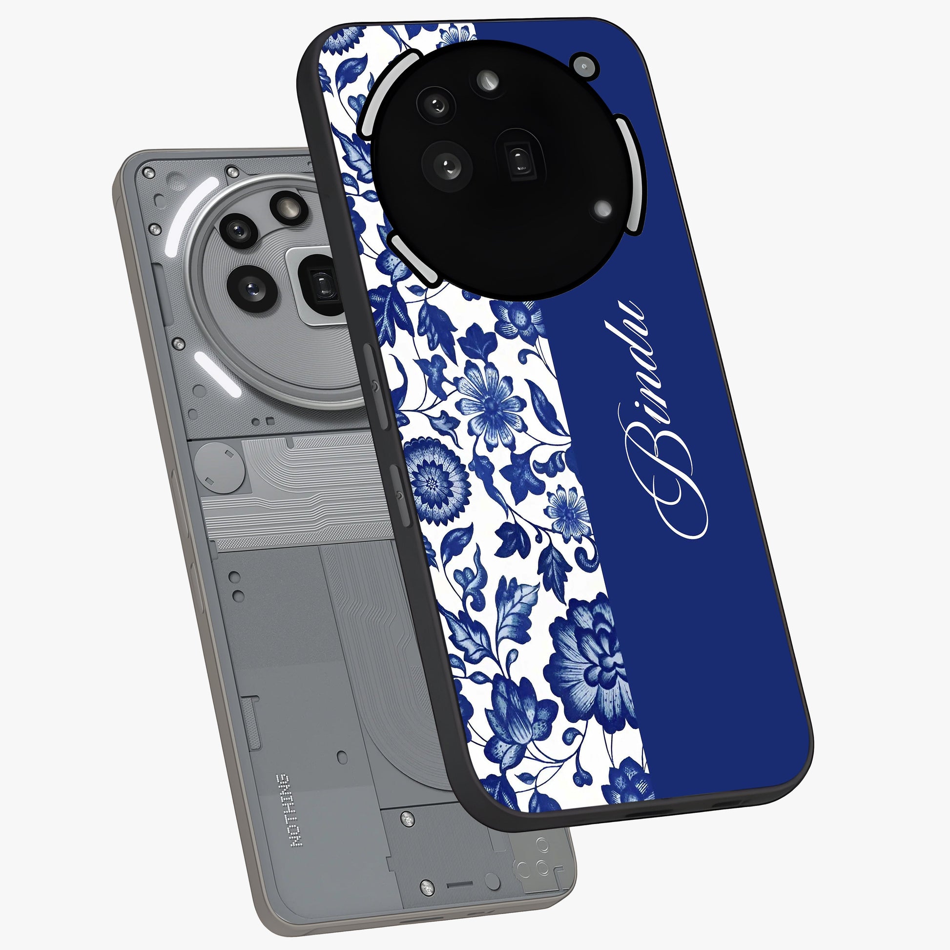 Blue Vintage Floral Pattern Glass Case displayed in angled mockup highlighting subtle bloom pattern with aesthetic pastel design.