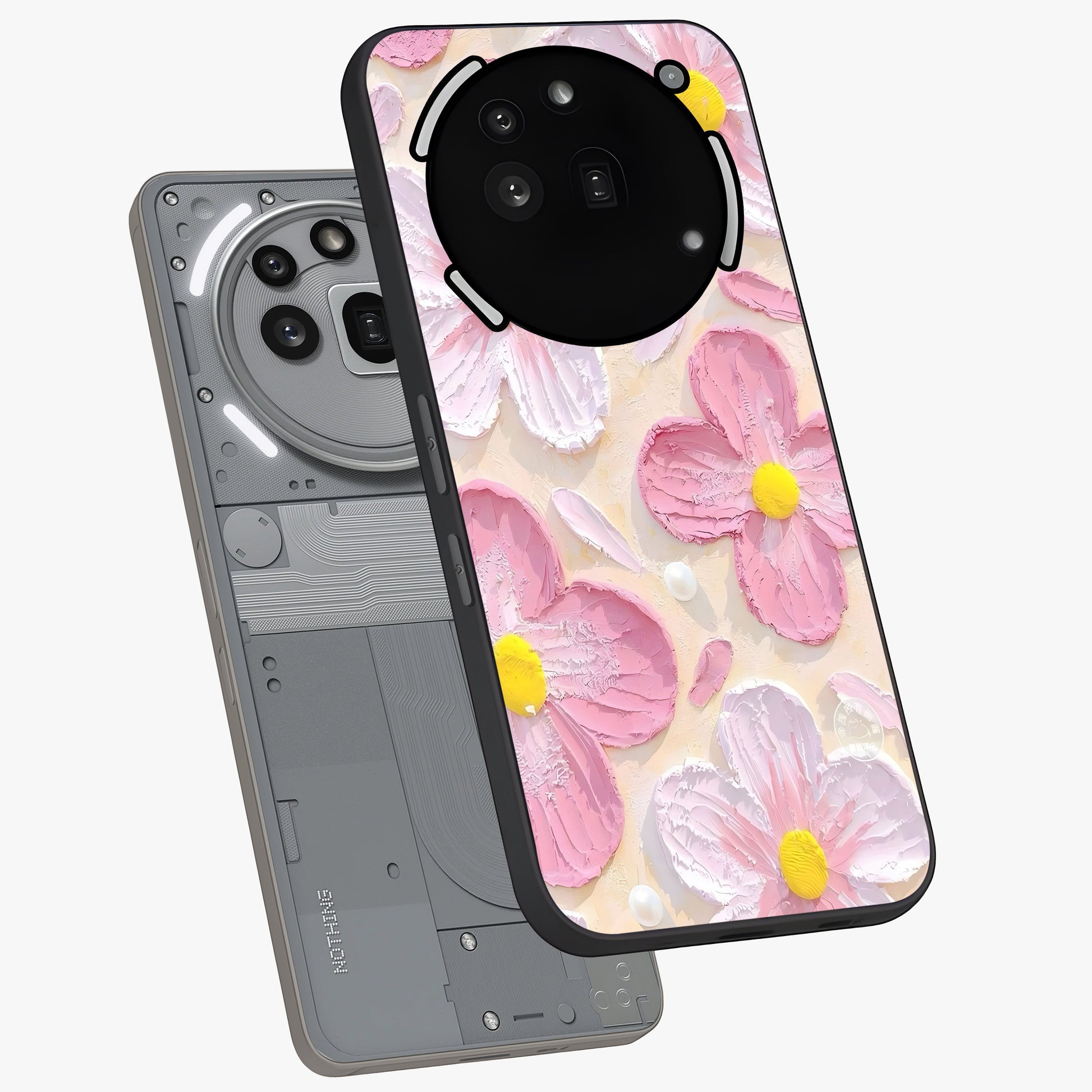 Blush Bloom Texture Glass Case displayed in angled mockup highlighting subtle bloom pattern with aesthetic pastel design.