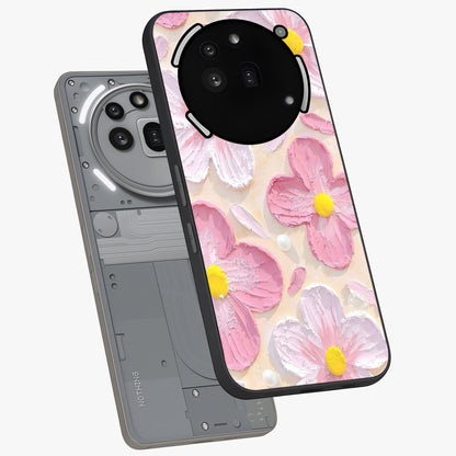 Blush Bloom Texture Glass Case displayed in angled mockup highlighting subtle bloom pattern with aesthetic pastel design.