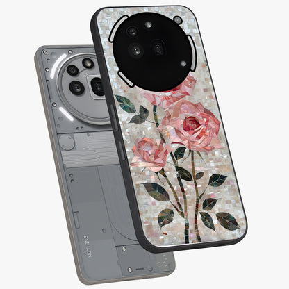 Blush Mosaic Bloom Glass Case displayed in angled mockup highlighting artistic mosaic flower pattern with aesthetic design.