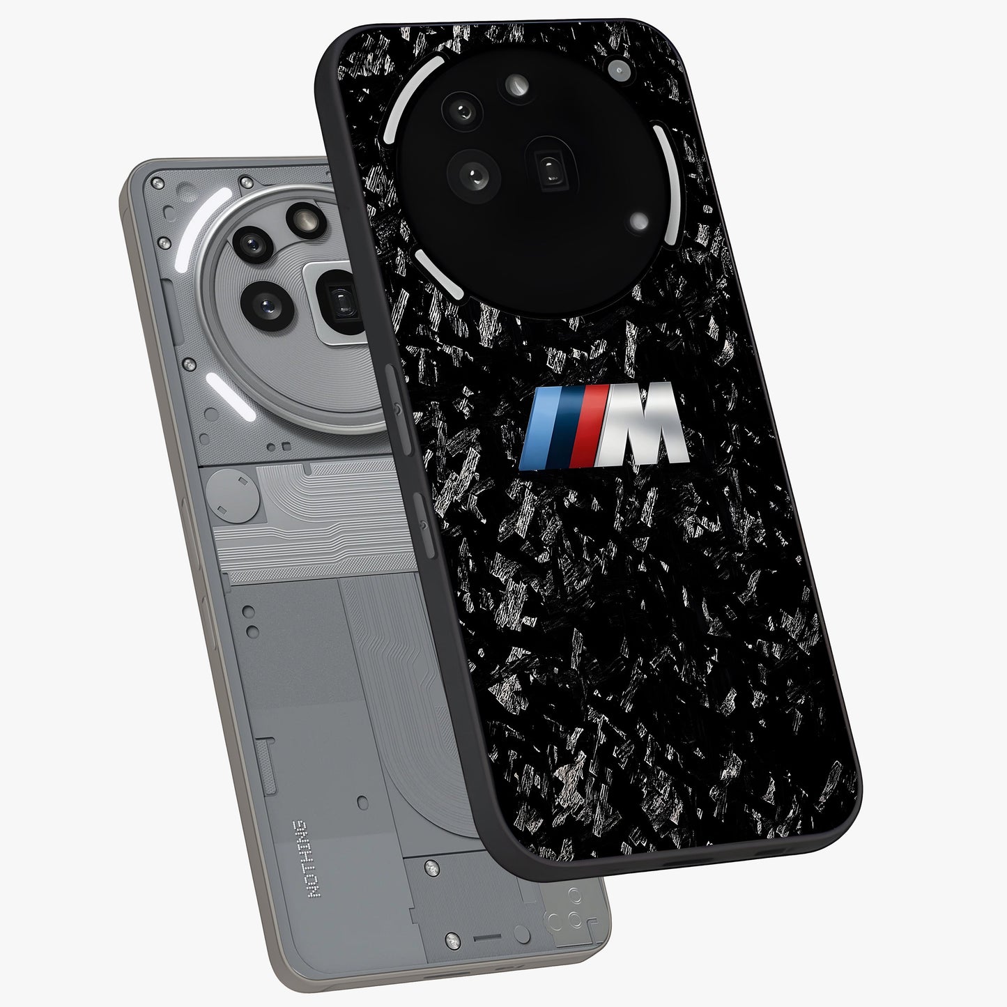 Carbon Speed Mark Glass Case displayed in angled mockup highlighting racing inspired carbon design and sleek aesthetic style.