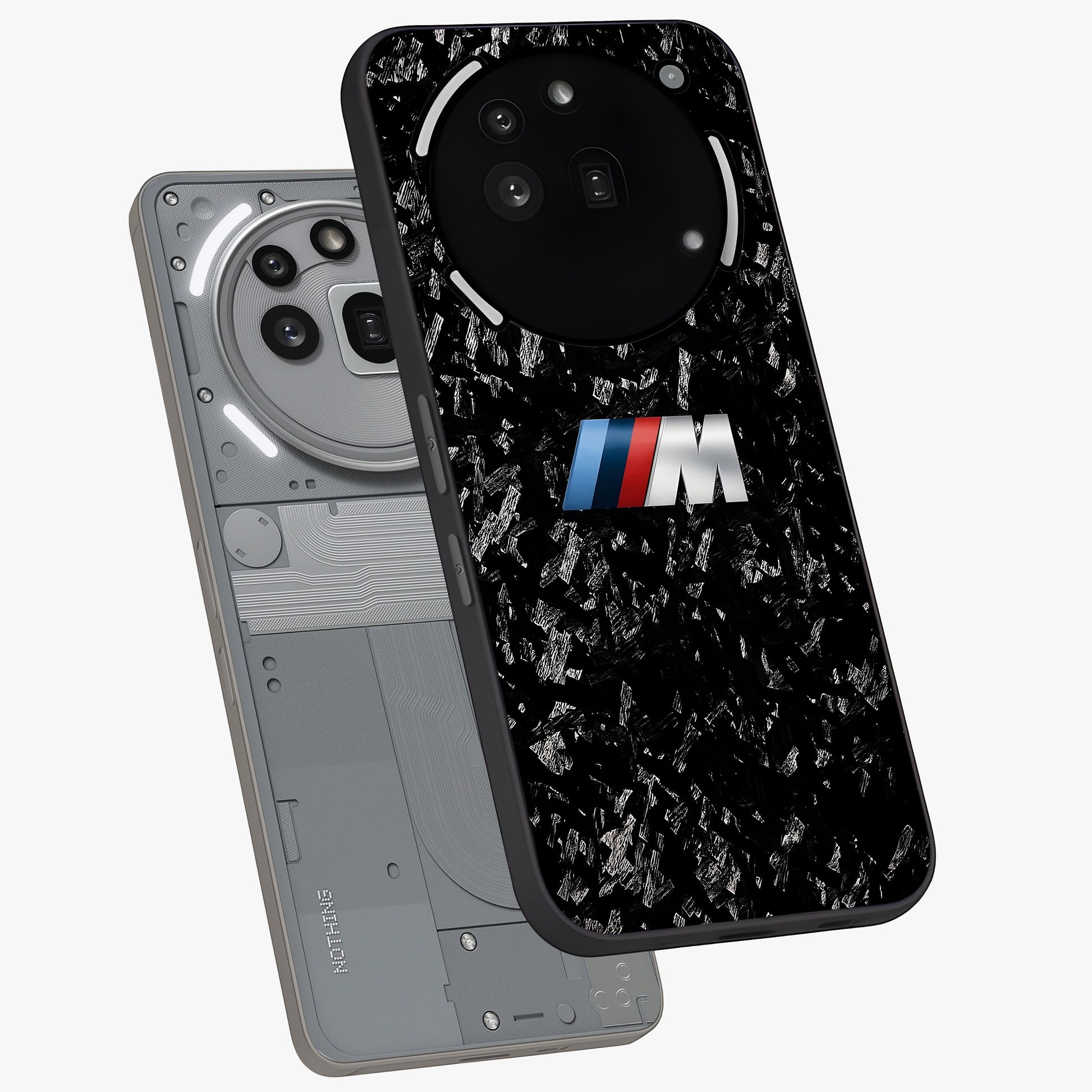 Carbon Speed Mark Glass Case displayed in angled mockup highlighting racing inspired carbon design and sleek aesthetic style.