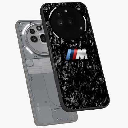 Carbon Speed Mark Glass Case displayed in angled mockup highlighting racing inspired carbon design and sleek aesthetic style.