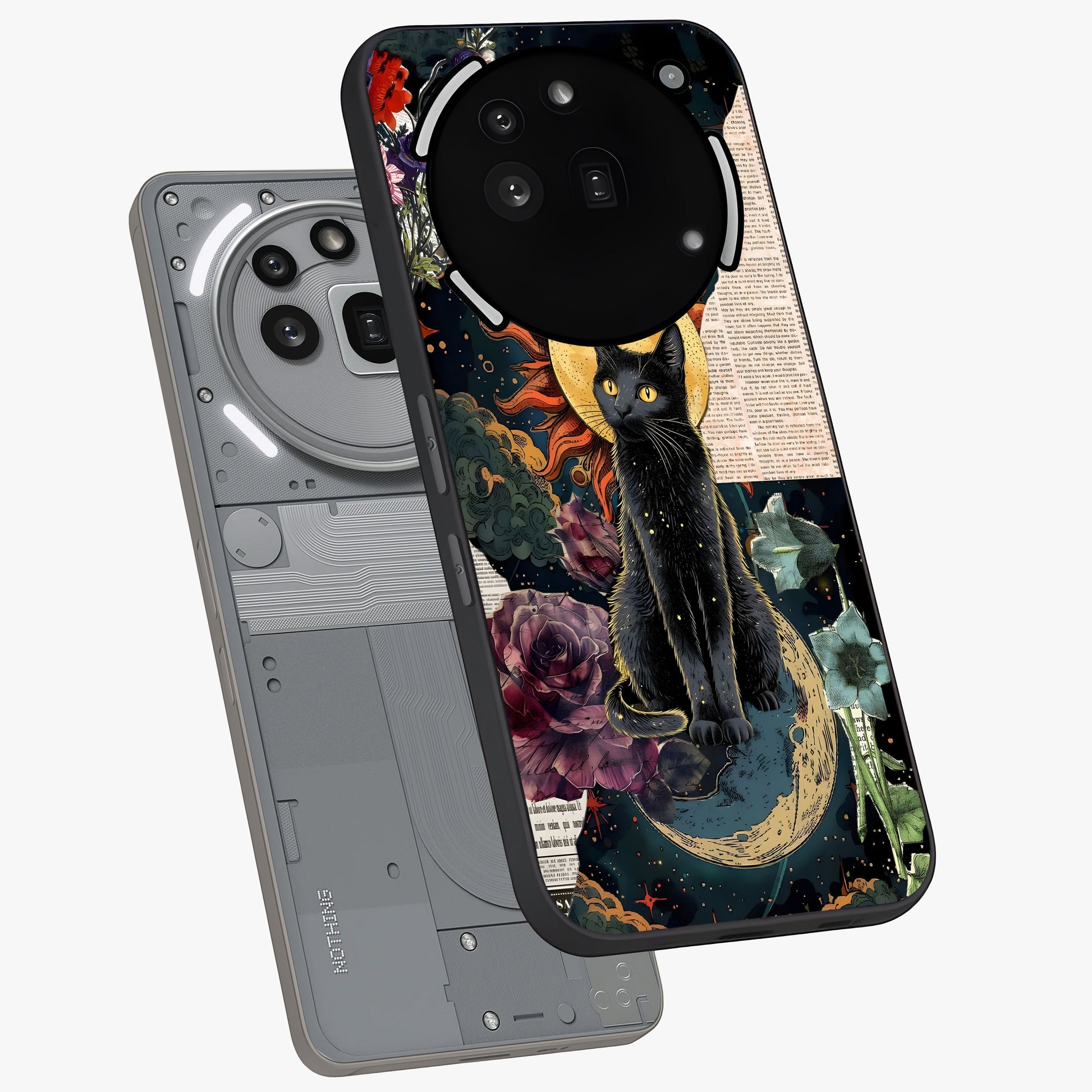 Celestial Black Cat Glass Case displayed in angled mockup highlighting cosmic black cat design with celestial aesthetic.