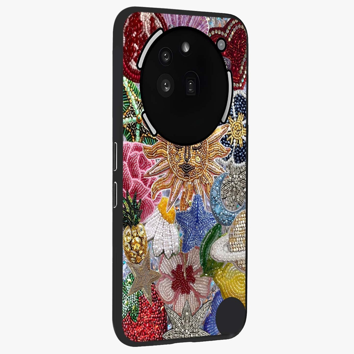 Celestial Floral and Playful Glass Case upright view showcasing whimsical floral artwork with cosmic aesthetic theme.