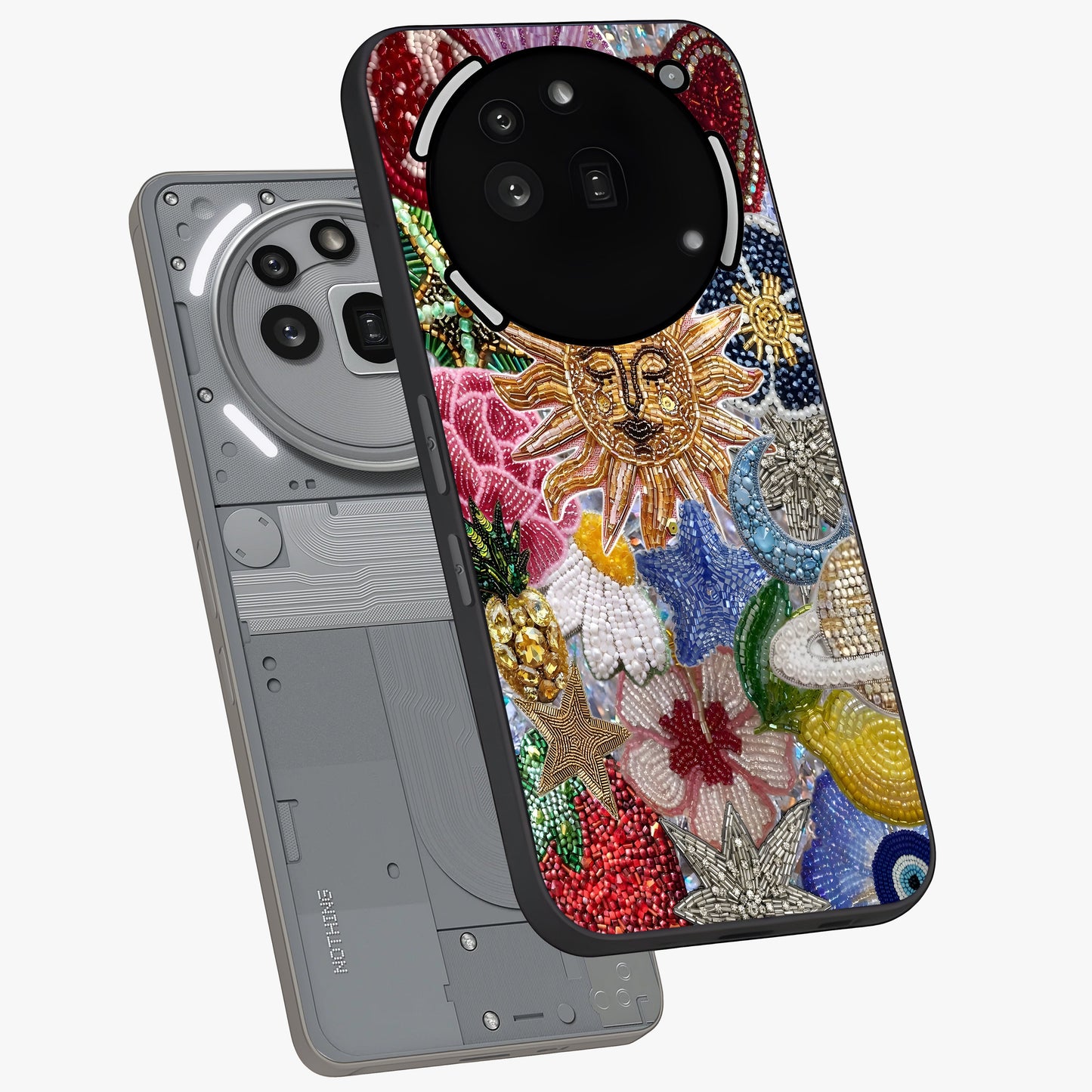 Celestial Floral and Playful Glass Case displayed in angled mockup highlighting playful floral design with dreamy celestial elements.