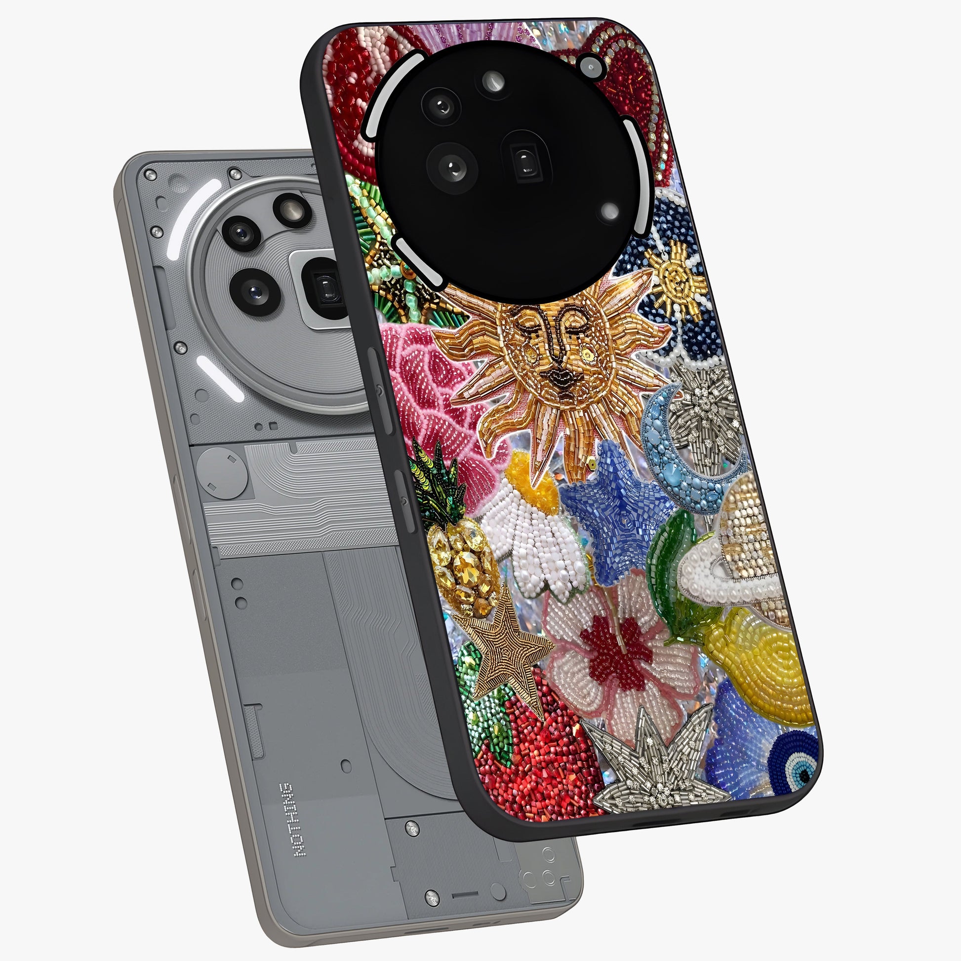 Celestial Floral and Playful Glass Case displayed in angled mockup highlighting playful floral design with dreamy celestial elements.