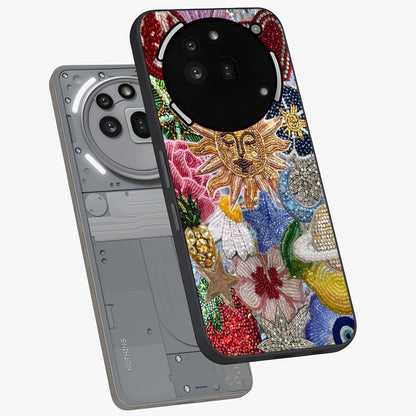 Celestial Floral and Playful Glass Case displayed in angled mockup highlighting playful floral design with dreamy celestial elements.